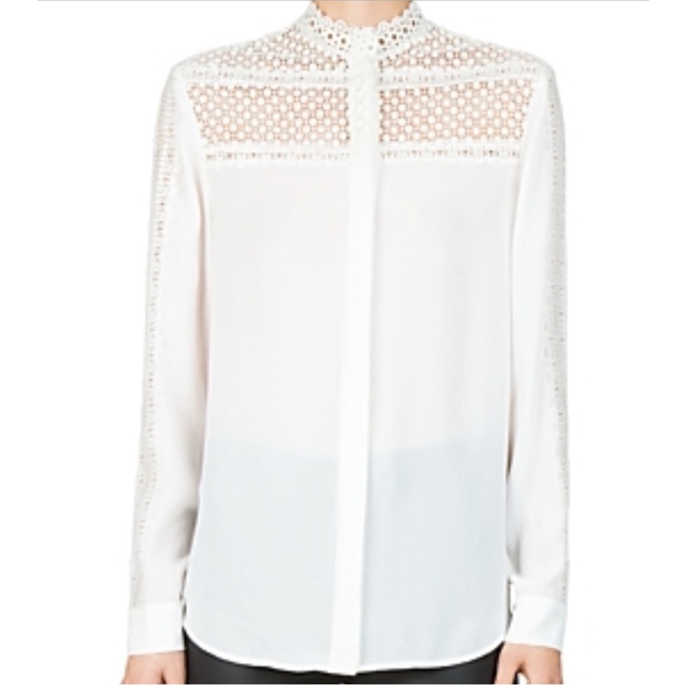 THE KOOPLES LACE INSET BLOUSE HIDDEN BUTTON FRONT DRESSY DAINTY FEMININE WHITE S